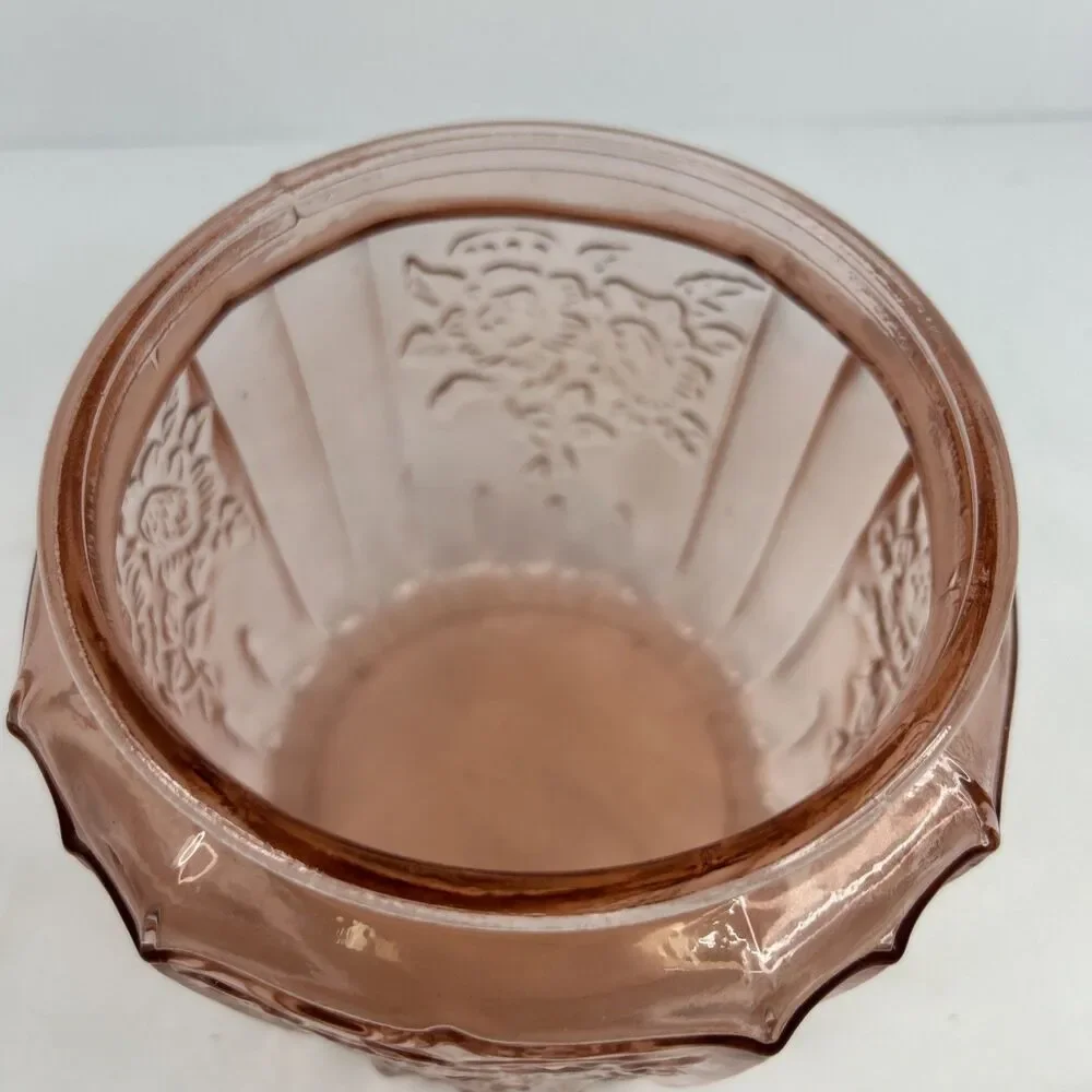 Vintage Pink Depression Glass Cookie Jar Mayfair Open Rose Anchor Hocking Lid